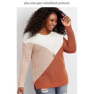Maurices Women Plus Size Geo Colorblock Pullover Sweater Rust Tan Cream Size 1